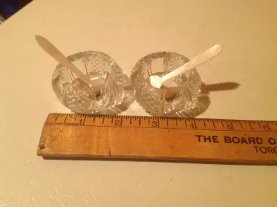 VINTAGE PAIR OF CUT GLASS OPEN SALT CELLARS WITH SERVING SPOONS, View more