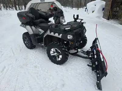 Atv with quick attach and release plow from polaris, trunk, windshield, and extra led lights. Run ex...