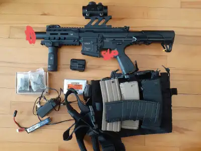 G&G arp 556 Lipo 3s Soft 3 char. Std, 1 hi cap Iron sight magpul neuf Red dot Veste transport molle...