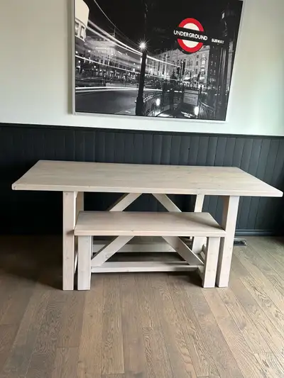 Six feet long, fits 6 people, 4 chairs (not included) and 1 two person bench (included) Beautifully...
