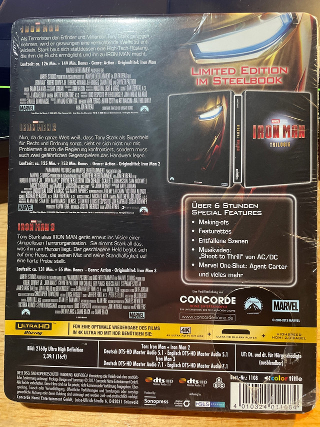 Marvel IRON MAN TRILOGY Blu-Ray 4K Ultra HD + 2D dans CD, DVD et Blu-ray  à Région d’Oakville/Halton - Image 2
