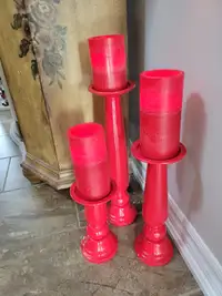 Three Red Candlestick Holders w/Candles & Remote