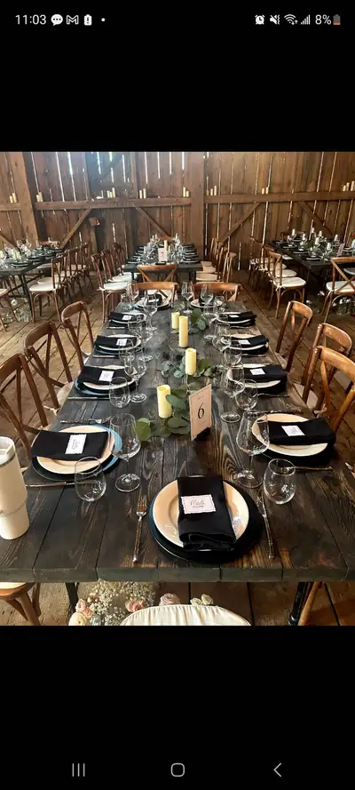 96"×41" Rustic harvest table. 2"×6" rough sawn pine with walnut stain. Table legs are 1" schedule 40...