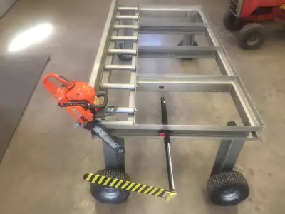 4’x8’ Manual Wood Processing Deck. Rollers to advance the log with an adjustable length stop. Pivot...