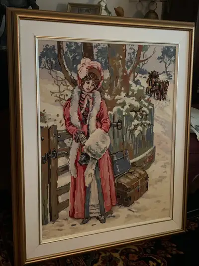 Lovely large vintage framed needlepoint, View more