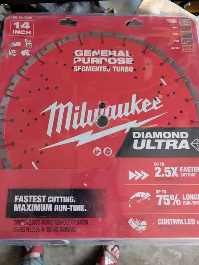 I'm offering a new Milwaukee 14-inch diamond ultra blade, designed for general purpose cutting with...
