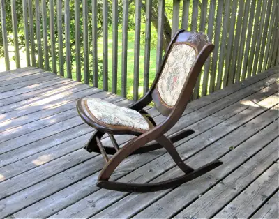 Vtg. Folding Rocking Chair Carved Wood Flower Floral Tapestry, View more
