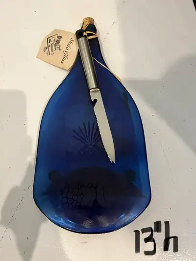 NEW unique blue glass flat wine bottle platter and cheese knife perfect for any home. Great gift. Me...