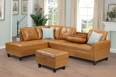 Leather Elegant Sectional Sofa Sectional Couch + Ottoman, View more
