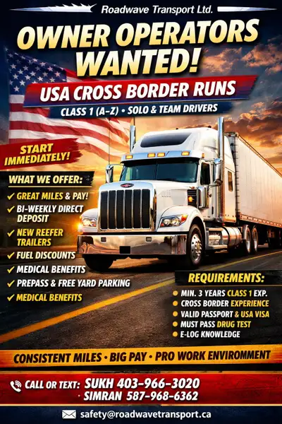Hiring Class 1 owner operator for cross border runs, View more