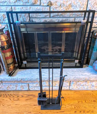 Modern Stand Alone Fireplace Screen and TOOLS, View more