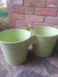 Double metal buckets with wood handle