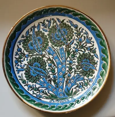 Vintage1960's Handmade Manousakis-Keramik Rodos Greek 9 1/2" Plate Hand-painted with Olive tree moti...