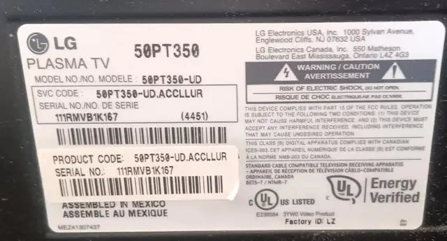 LG 50PT350 50" Plasma TV For Parts or Repair (Screen Failure) in TVs in Dartmouth - Image 3