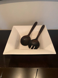 Pottery Barn Salad Bowl with serving utensils 