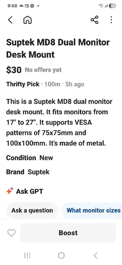 Suptek MD8 Dual Monitor Desk Mount, View more