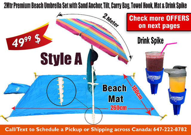 Beach Umbrellas Sand Anchor Tilt Mat Towel Hook, Bag Drink Spike in Patio & Garden Furniture in Oshawa / Durham Region - Image 3