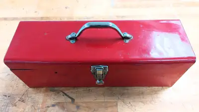 Beach - Red Metal Tool Box Removable metal tray Dimensions: 19" W x 6" D x 6 1/2" H Padlock latch $9...
