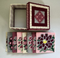 8 Handmade Needlework Coasters with Coordinating Storage Box