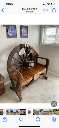 Waggon wheel, bench antique,