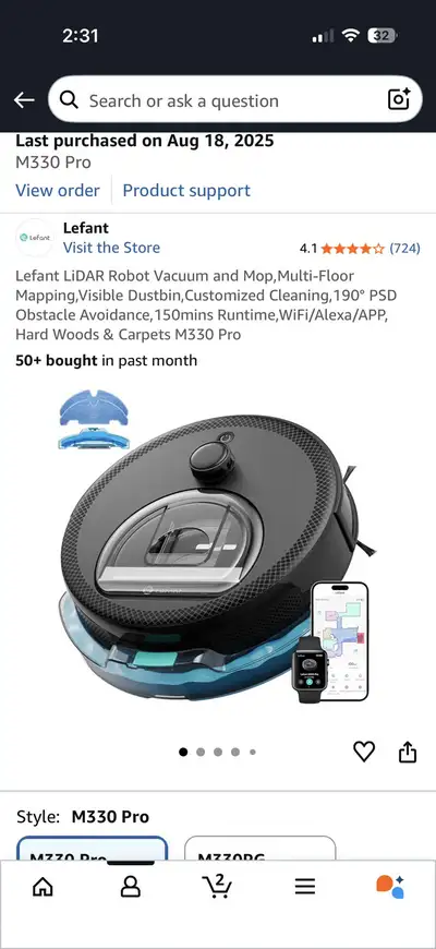 Lefant M330 Pro lidar wifi robot vaccum, dual side brushes cleaner with detachable mop and water, or...