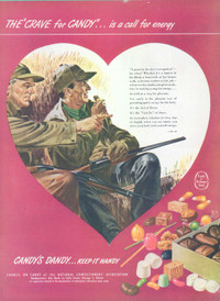 Vintage 1946 full-page ad for candy, with hunters
