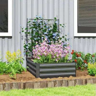 Galvanized Raised Garden Bed with Trellis for Climbing Plants, O, View more