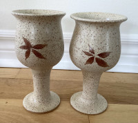 Pair of Vintage Stoneware Wine Goblets Leaf Design