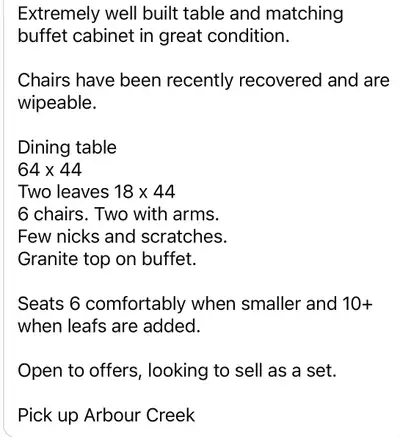 This is an extremely well-built dining table and matching buffet cabinet in great condition! It comf...