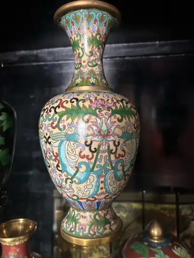 vintage chinese large cloisonné vase, 10”H, View more