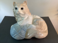 Porcelain Cat with Blue Yarn Figurine in Style of “Nao Lladro”
