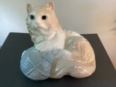 PRICE DROP-Porcelain Cat Blue Yarn Figurine-Style of NAO LLADRO, View more