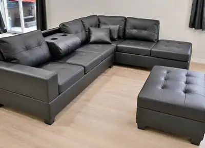 6-Seater Black Leather Sectional Sofa, View more