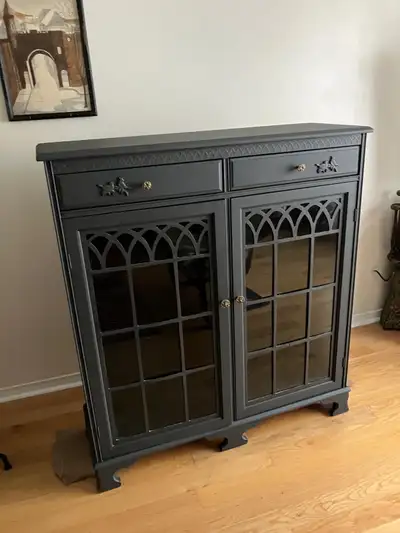 Antique Curio Cabinet Mahogany wood Painted Charcoal grey colour 42 inches length 46.5 inches height...