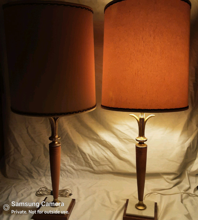 Beautiful Pair of MCM Teak 1960s Table Lamps, Denmark Tri-light in Indoor Lighting & Fans in Calgary - Image 2