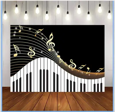 Piano Theme Backdrop for Photography Golden Musical Notes and Piano Keyboard Background for Kids Bir...