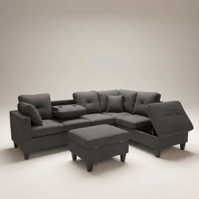6 seater fabric sectional sofa with drop-down tray and USB , View more