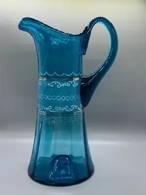 Antique Hand-Blown Blue Art Glass Pitcher, View more