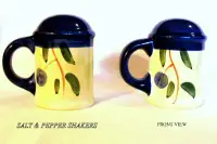 Salt/pepper Cup-like shakers 4 oz ceramic bottom plug fill