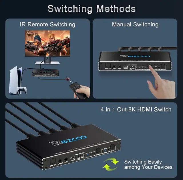 ROFAVEZCO 8K HDMI 2.1 Switch 4x1 w/ Remote Audio Extractor in General Electronics in Oshawa / Durham Region - Image 4