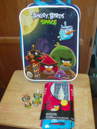 angry birds luggage, 2 figures,& drapes. $20 for all.