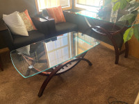 Glass top coffee table and glass top side table with solid wood
