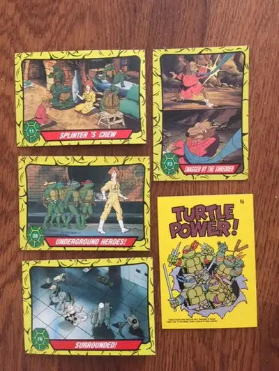 Five 1989 Topps Teenage Mutant Ninja Turtle collector cards, View more