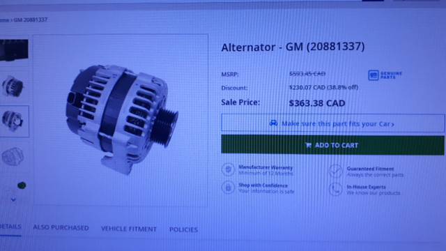 07-2018 GM Truck 5.3  OME Alternator 145 Amp. # 20881337 in Other Parts & Accessories in Norfolk County - Image 3