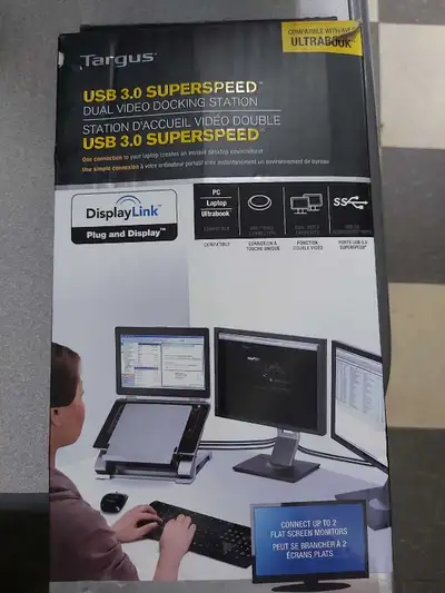 This Targus USB 3.0 SuperSpeed dual video docking station lets you create an instant desktop environ...