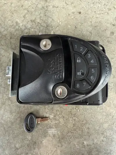 Rv door keyless lock, key and code operation, key fob opinion available/ compatible, $135, info at 4...