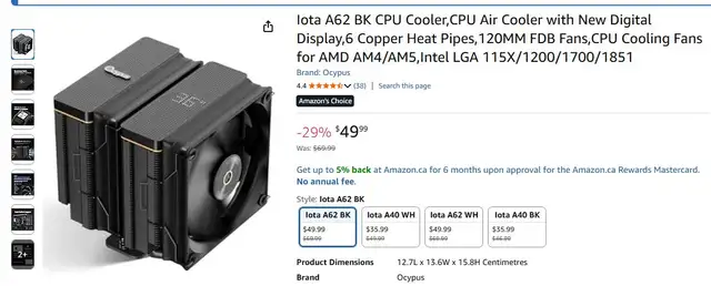 Iota A62 BK CPU Cooler,CPU Air Cooler Digital Display in System Components in City of Montréal - Image 3