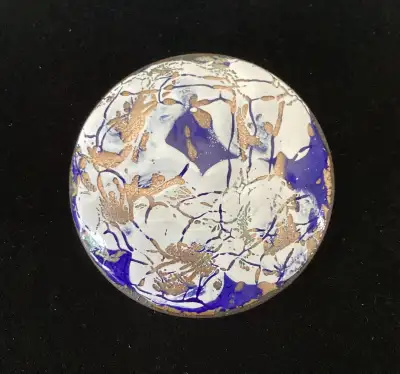 Vintage Blue White Gold Abstract Art Enamel on Copper Brooch Pin, View more