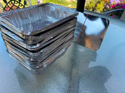 Aluminum Foil Containers with Board Lids A dozen ‘gently used’ tins 8 by 6 inch. 2.25 lb.
