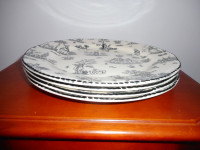 Set of 4 Wood & Sons Black & White Toile De Jouy Dinner Plates